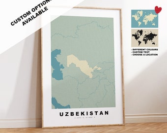 Mapa de Uzbekistán impreso - Regalo personalizado con mapa - Opciones con marco o lienzo disponibles - Opciones de texto personalizado - Regalo personalizado