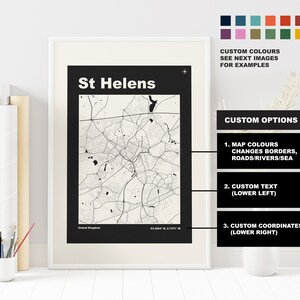 St Helens Map Print Custom options/colours available Prints or Framed Prints St Helens, Merseyside Custom Text for Gift image 2