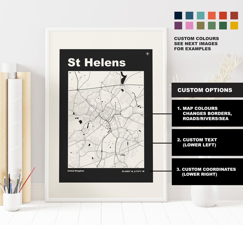 St Helens Map Print Custom options/colours available Prints or Framed Prints St Helens, Merseyside Custom Text for Gift image 2