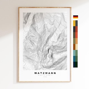 Carte du Watzmann - Allemagne - Carte des contours  - Carte topographique - Impression - Affiche - Impression de carte
