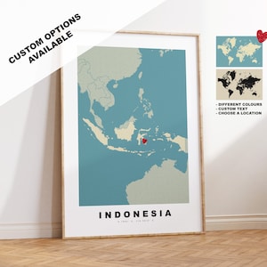 Impressão de mapa da Indonésia - Presente de mapa personalizado - Opções emolduradas ou em tela disponíveis - Opções de texto personalizado - Presente personalizado