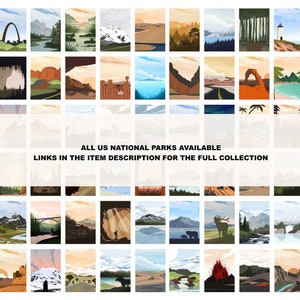 Pode incluir: Uma colagem de ilustra&ccedil;&otilde;es coloridas que retratam v&aacute;rios parques nacionais dos Estados Unidos. As ilustra&ccedil;&otilde;es apresentam marcos ic&ocirc;nicos, paisagens e vida selvagem. O texto "ALL US NATIONAL PARKS AVAILABLE" e "LINKS IN THE ITEM DESCRIPTION FOR THE FULL COLLECTION" &eacute; exibido na parte inferior da colagem.