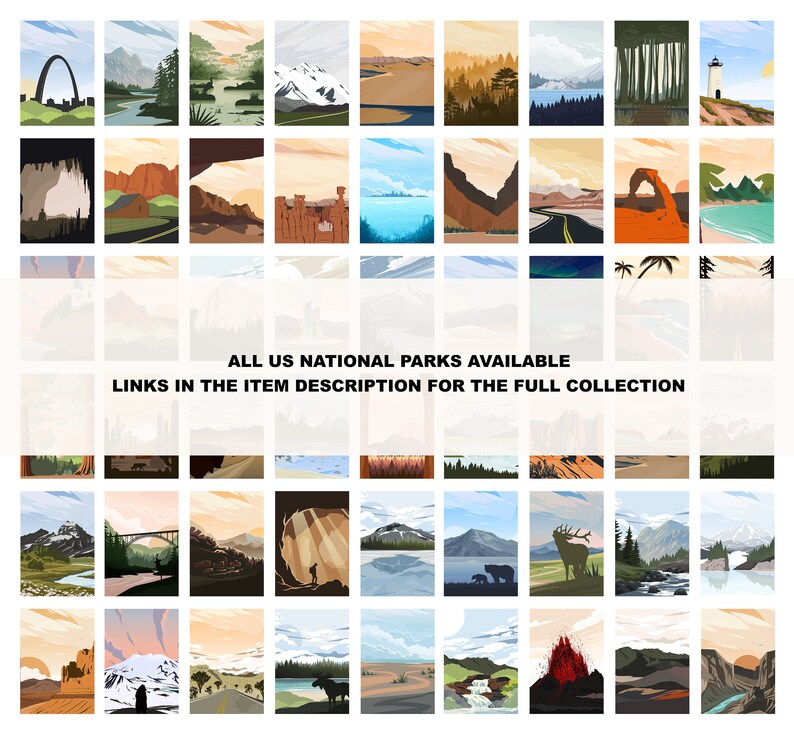 Pode incluir: Uma colagem de ilustra&ccedil;&otilde;es coloridas que retratam v&aacute;rios parques nacionais dos Estados Unidos. As ilustra&ccedil;&otilde;es apresentam marcos ic&ocirc;nicos, paisagens e vida selvagem. O texto "ALL US NATIONAL PARKS AVAILABLE" e "LINKS IN THE ITEM DESCRIPTION FOR THE FULL COLLECTION" &eacute; exibido na parte inferior da colagem.