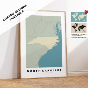 North Carolina Map Print - Personalised Map Gift - Framed or Canvas Options Available - Custom Text Options - Personalised Gift