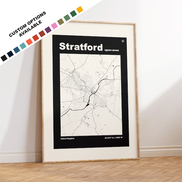 Stratford upon Avon Map Print - Custom options/colours available - Prints or Framed Prints - Stratford upon Avon - Custom Text for Gift