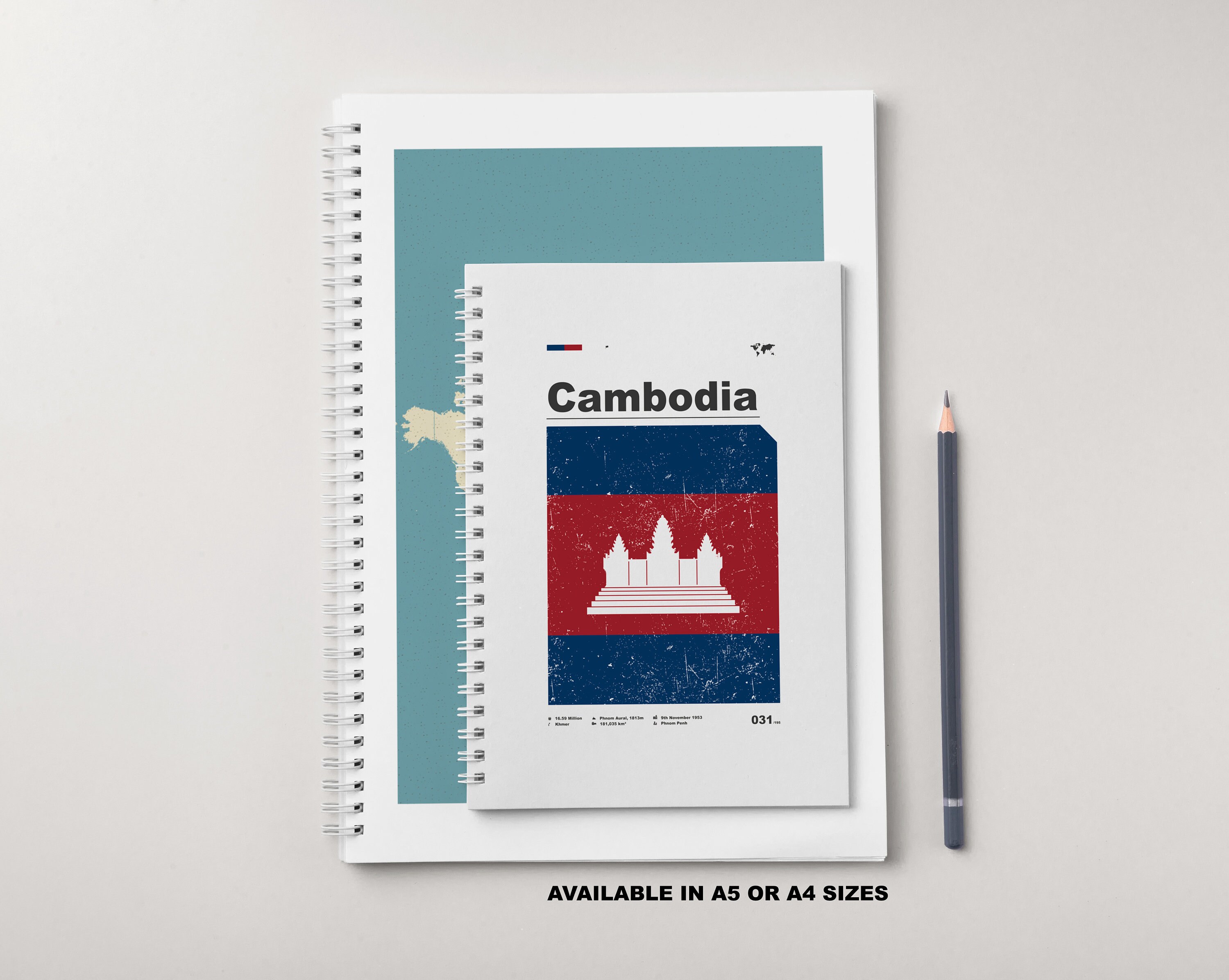 Cambodia Notebook - A5 or A4 - Map Notebook - Hardcover