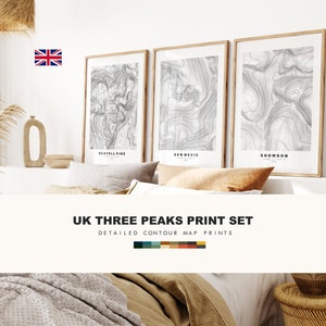 Three Peaks Print Set x3 - Regno Unito - Stampe di mappe - Snowdon - Ben Nevis - Scafell Pike - Inghilterra - Scozia - Galles - Set di poster - Set di stampe di mappe