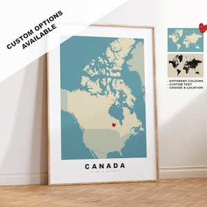 Impression de carte du Canada - Cadeau de carte personnalisé - Options de cadre ou de toile disponibles - Options de texte personnalisées - Cadeau personnalisé