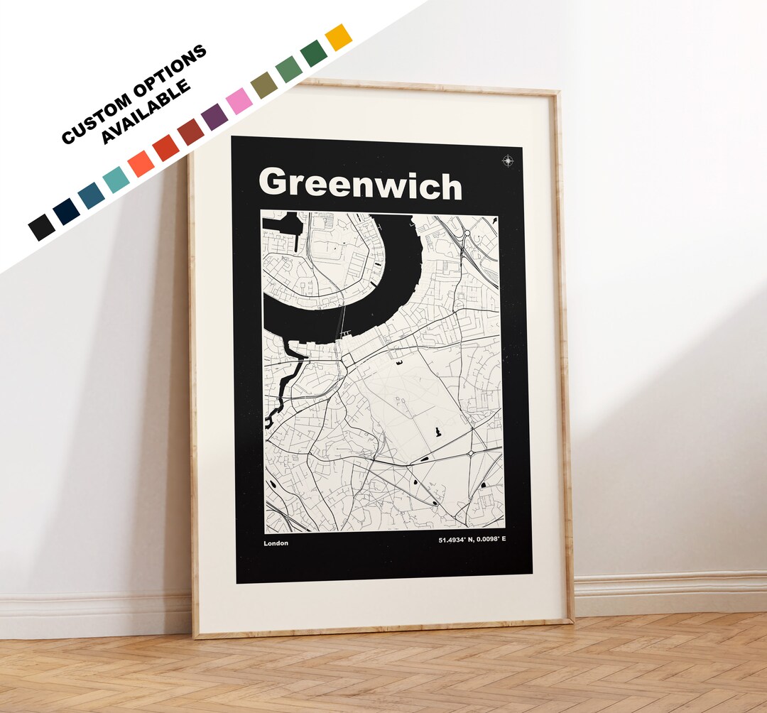 Greenwich Map Print Custom Options/colours Available Prints or Framed