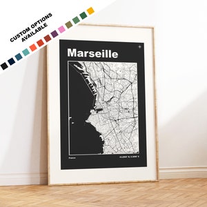 Marseille Karte Druck - Druck, gerahmt oder auf Leinwand - Drucke oder gerahmte Drucke - Marseille, Frankreich - Benutzerdefinierte Textoptionen - Frankreich Stadtkarten