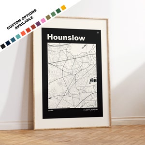 Stampa mappa Hounslow - Opzioni/colori personalizzati disponibili - Stampe o stampe incorniciate - Hounslow Londra - Testo personalizzato per regalo