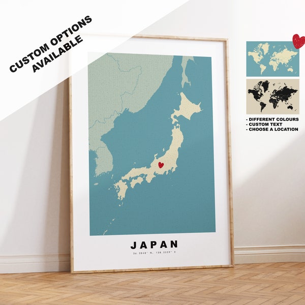 Japan Map Print - Personalised Map Gift - Vintage Style - Anniversary - Wedding - Honeymoon - Holiday - Travel - Gift - Map
