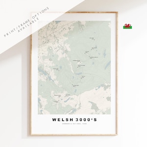Walisisch 3000er Jahre Kartendruck - Konturkarte - Topographische Karte - Walisisch Munros - Wales - Snowdon Massiv - Glyderau - Carneddau