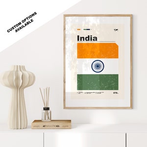 Drapeau de l'Inde - Poster drapeau - Moderne milieu du siècle - Options personnalisées disponibles - Impressions encadrées ou sur toile disponibles - Cadeau personnalisé
