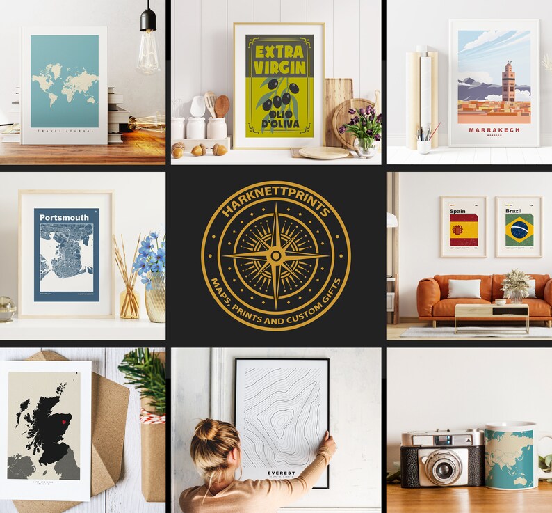 Pode incluir: Uma colagem de imagens que mostram v&aacute;rias impress&otilde;es e mapas dispon&iacute;veis para compra. As imagens incluem um mapa do mundo, um mapa da cidade, um mapa de uma cordilheira, uma bandeira da Espanha, uma bandeira do Brasil, um r&oacute;tulo de azeite de oliva vintage e um p&ocirc;ster de viagem vintage para Marrakech. A colagem tamb&eacute;m inclui um logotipo de b&uacute;ssola com o texto "Harknettprints Mapas, Impress&otilde;es e Presentes Personalizados".