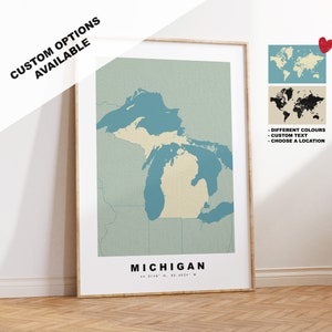Michigan Map Print - Personalised Map Gift - Framed or Canvas Options Available - Custom Text Options - Personalised Gift