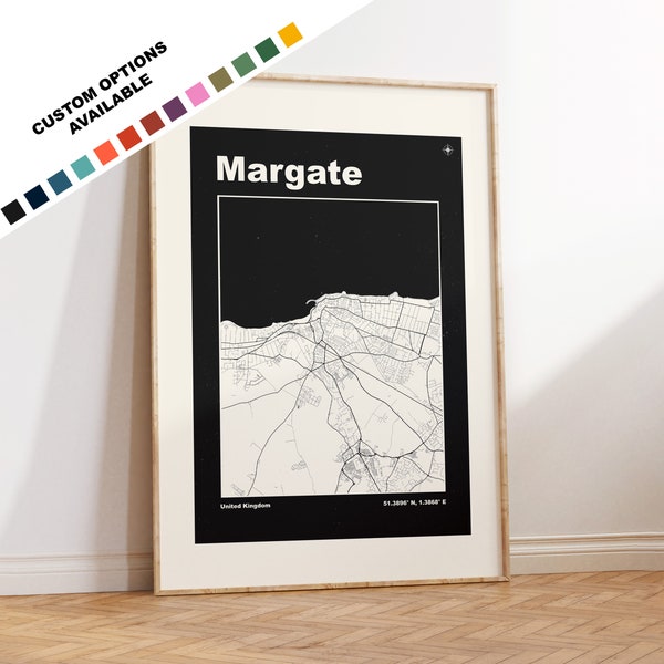 Margate Map Print - Custom options/colours available - Prints or Framed Prints - Margate, Kent - Custom Text for Gift