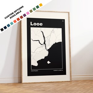Impression de carte de Looe - Options/couleurs personnalisées disponibles - Impressions ou impressions encadrées - Looe, Cornouailles - Texte personnalisé pour cadeau