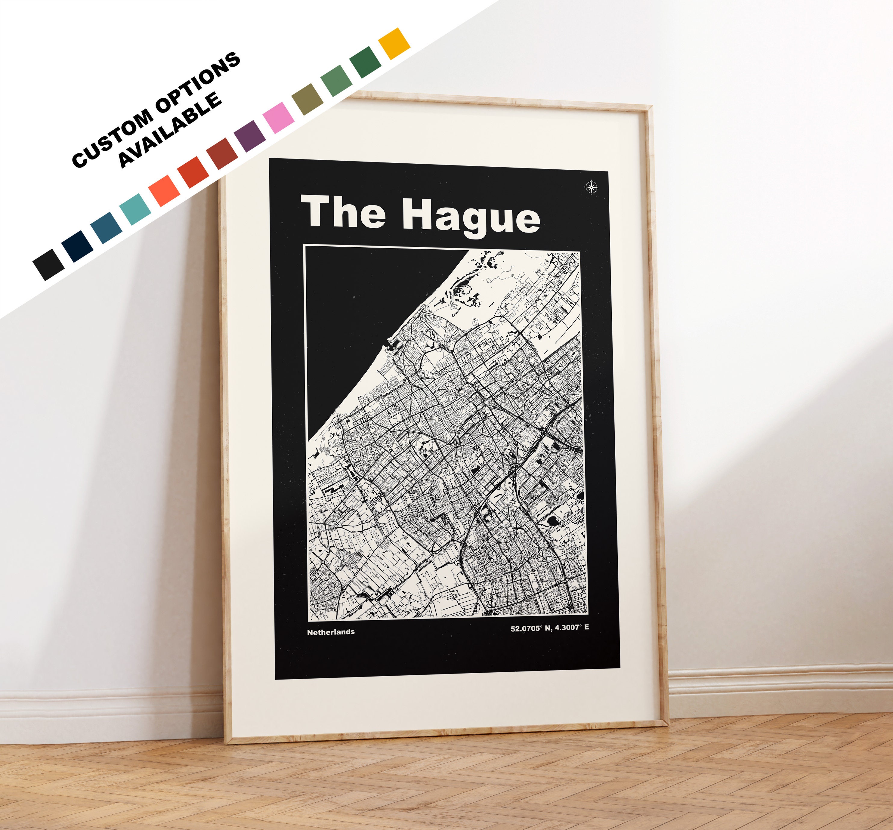 The Hague Map Print - Custom Text Options - Den Haag Map - Mid Century Modern - Custom Colours - Framed or Canvas Options - Gift