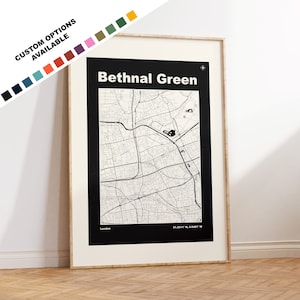Impresión del mapa de Bethnal Green: opciones y colores personalizados disponibles: impresiones o impresiones enmarcadas: Bethnal Green, Londres: texto personalizado para regalo