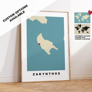 Kaart Zakynthos afdrukken - gepersonaliseerd kaartcadeau - ingelijste of canvas opties beschikbaar - aangepaste tekstopties - gepersonaliseerd cadeau