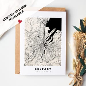 Wenskaart kaart Belfast - aangepaste opties beschikbaar - aangepaste kaartwenskaart - mat karton - kraftenvelop inbegrepen