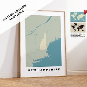 New Hampshire Map Print - Personalised Map Gift - Framed or Canvas Options Available - Custom Text Options - Personalised Gift