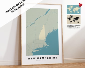 New Hampshire Kartendruck - Personalisiertes Kartengeschenk - Optionen für Rahmen oder Leinwand verfügbar - Benutzerdefinierte Textoptionen - Personalisiertes Geschenk