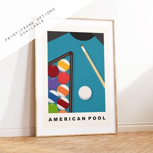 May include: A colourful illustration of an American pool table with a cue stick and balls. The table is green with a black felt surface. The balls are arranged in a triangular formation. The cue stick is positioned above the balls. The text "AMERICAN POOL" is printed below the table.
