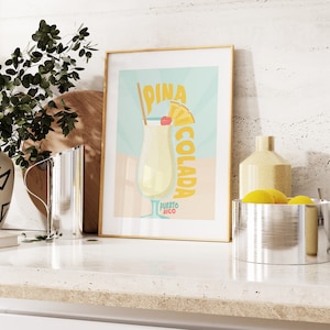 Pina Colada Druck - Küchen Wandkunst - Pina Colada Cocktail Poster - 'Puerto Rico' - Retro inspirierter Küchendruck - Retro Cocktail Poster