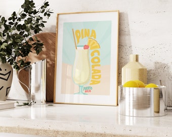 Impresión de piña colada - Arte mural de cocina - Póster de cóctel de piña colada - 'Puerto Rico' - Impresión de cocina de inspiración retro - Póster de cóctel retro