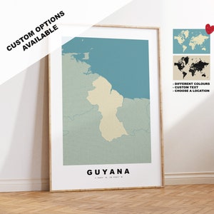 Guyana Map Print - Personalised Map Gift - Framed or Canvas Options Available - Custom Text Options - Personalised Gift