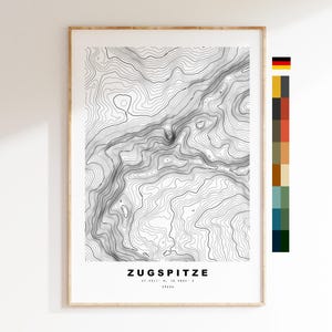 Carte du Zugspitze - Allemagne - Carte des contours  - Carte topographique - Impression - Affiche - Impression de carte