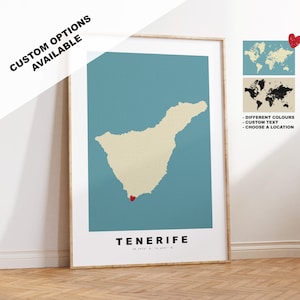 Impresión de mapa de Tenerife - Regalo de mapa personalizado - Opciones disponibles enmarcadas o en lienzo - Opciones de texto personalizado - Regalo personalizado