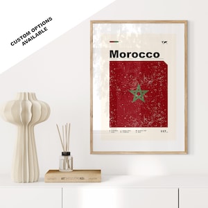 Impressão da bandeira de Marrocos - Pôster da bandeira - Moderno de meados do século - Opções personalizadas disponíveis - Impressões emolduradas ou em tela disponíveis - Presente personalizado