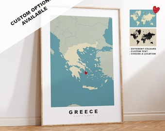 Greece Map Print - Personalised Map Gift - Vintage Style - Anniversary - Wedding - Honeymoon - Holiday - Travel - Gift - Map