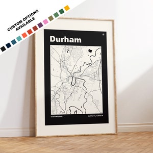 Impresión del mapa de Durham: opciones y colores personalizados disponibles: impresiones o impresiones enmarcadas: Durham, Reino Unido: texto personalizado para regalo