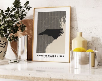 North Carolina Print - Custom Map Print - Personalised Text Gift Options - Frames/Canvas Options - Vintage Style Map Print