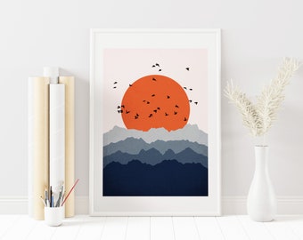 Abstract Landscape Print, Modern Wall Art, Blue Orange Art, Mountain Art, Mid Century Modern, Mid Century Art Print, Modern Wall Art