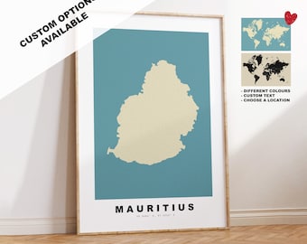 May include: A framed print of a map of Mauritius, a teal blue island with a beige outline. The text "Mauritius" is printed below the map in black. The print is framed in a light wood frame.