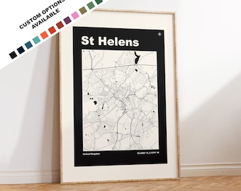 St Helens Map Print - Custom options/colours available - Prints or Framed Prints - St Helens, Merseyside - Custom Text for Gift