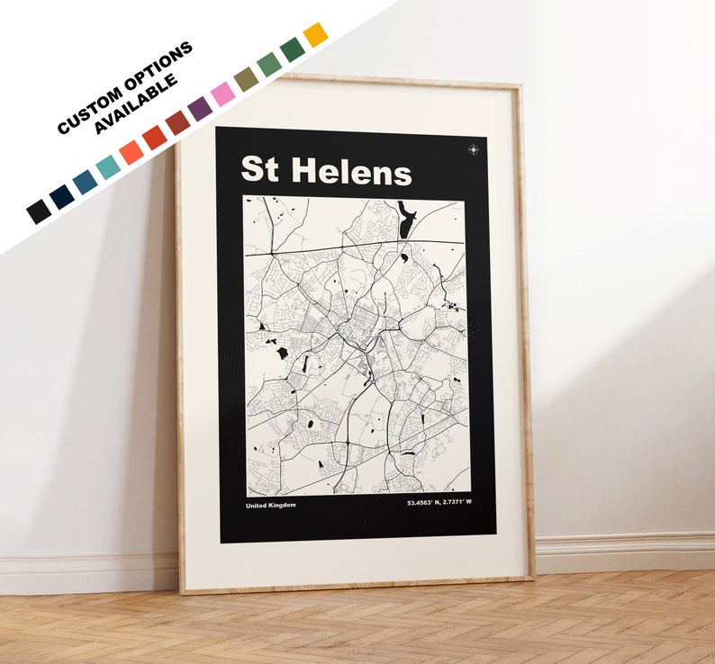 St Helens Map Print Custom options/colours available Prints or Framed Prints St Helens, Merseyside Custom Text for Gift image 1