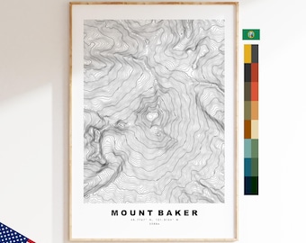 Mount Baker-kaartafdruk - contourkaartafdruk - topografische kaart - poster - muurkunst - bergkaarten VS - Washington