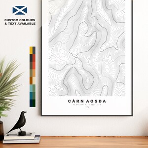 Impresión de Carn Aosda - Mapa de contorno - Cartel de Carn Aosda - Escocia - Mapa topográfico - Impresión - Arte de pared - Mapa de Carn Aosda - Paso de Cairnwell - Munro