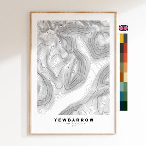 Impresión de Yewbarrow - Mapa de contorno - Mapa del distrito de los lagos de Yewbarrow - Distrito de los lagos - Mapa topográfico - Impresión - Póster - Arte mural - Topografía