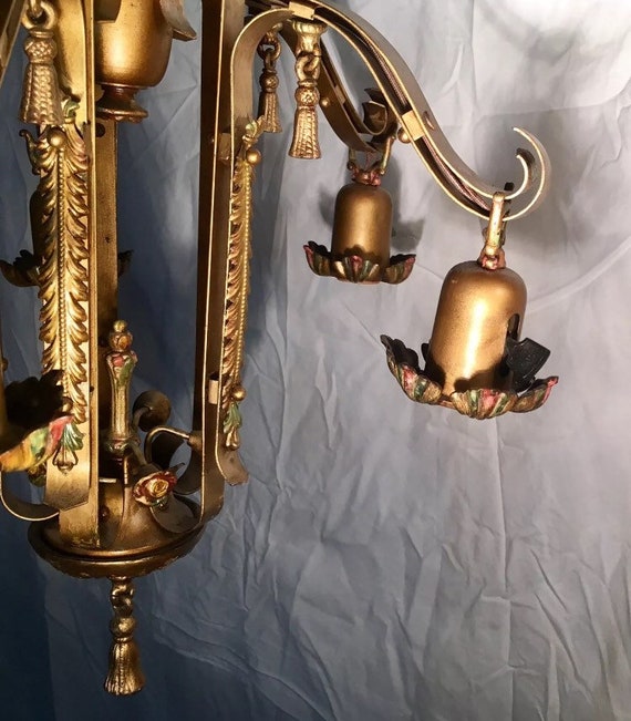 Authentic 1920's 1930s Chandelier Victorian Light Fixture.Art NouveauArt Deco chandelier, metal tassel.Five Hubbel light sockets Chandelier Authentic 1920's 1930s Chandelier Victorian Light Fixture.Art NouveauArt Deco chandelier, metal tassel.Five Hubbel light sockets Chandelier