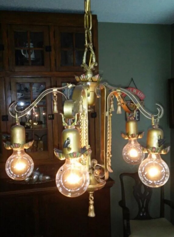 Authentic 1920's 1930s Chandelier Victorian Light Fixture.Art NouveauArt Deco chandelier, metal tassel.Five Hubbel light sockets Chandelier Authentic 1920's 1930s Chandelier Victorian Light Fixture.Art NouveauArt Deco chandelier, metal tassel.Five Hubbel light sockets Chandelier