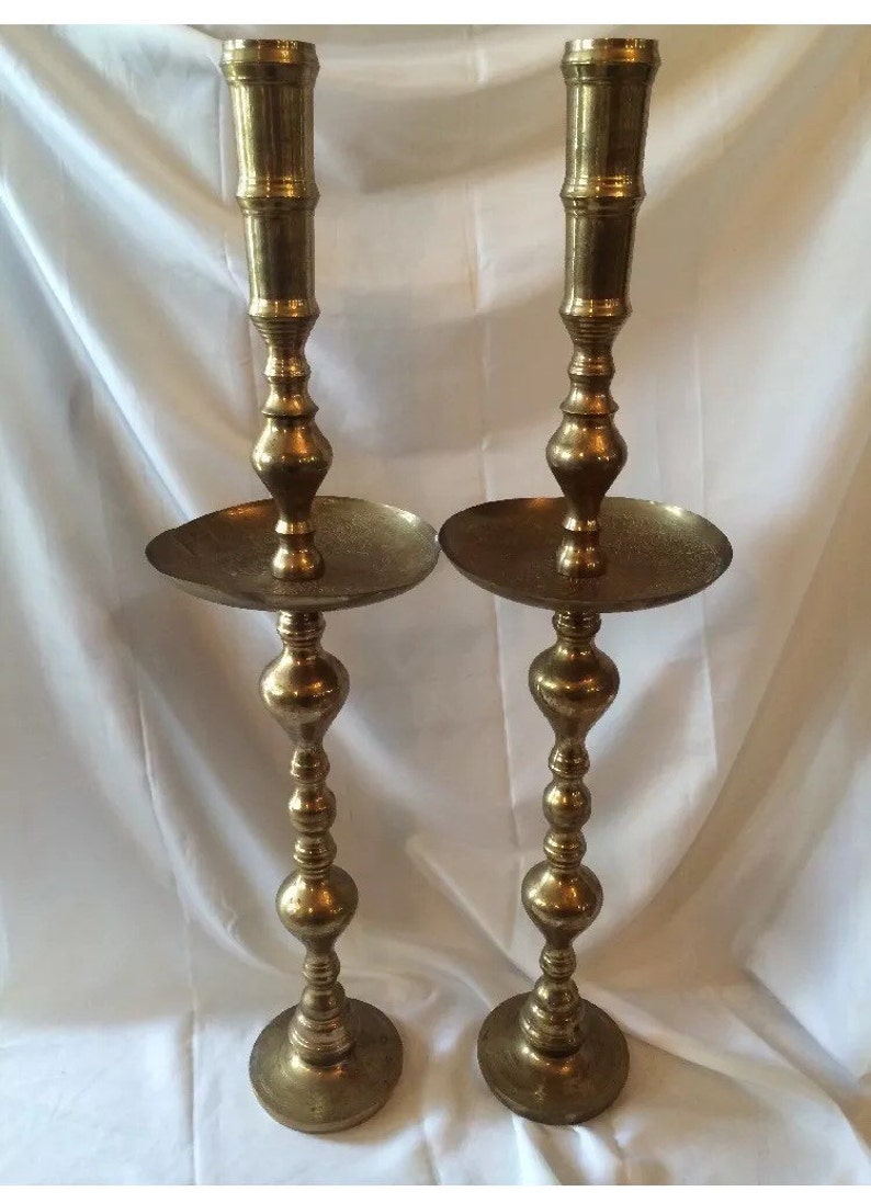 True VTG Pair Very Large Brass Candle Holders Engraved Etsy