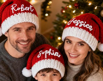 Personalized Family Santa Hat Set - Custom Christmas Beanies with Name - Holiday Hats for Adults, Kids & Babies  Red Knit Adult Xmas Gift