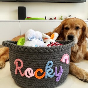 May include: A gray rope basket with the name "Rocky" in colorful yarn letters. The basket contains stuffed toys, including a white bunny and a blue-bowed plush. A golden retriever dog is next to the basket.